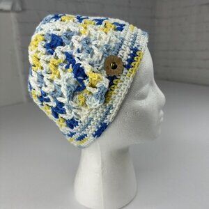 Created By Cyd Handmade Crochet Beanie Blue Floral Accent Boho Skull Cap Hat NEW